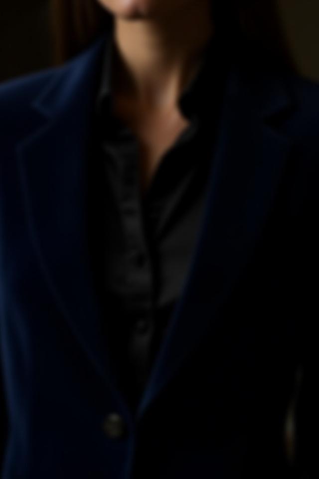 Modèle en chemise de soie noire sous un blazer en velours bleu nuit, accessoirisé de boutons de manchette discrets