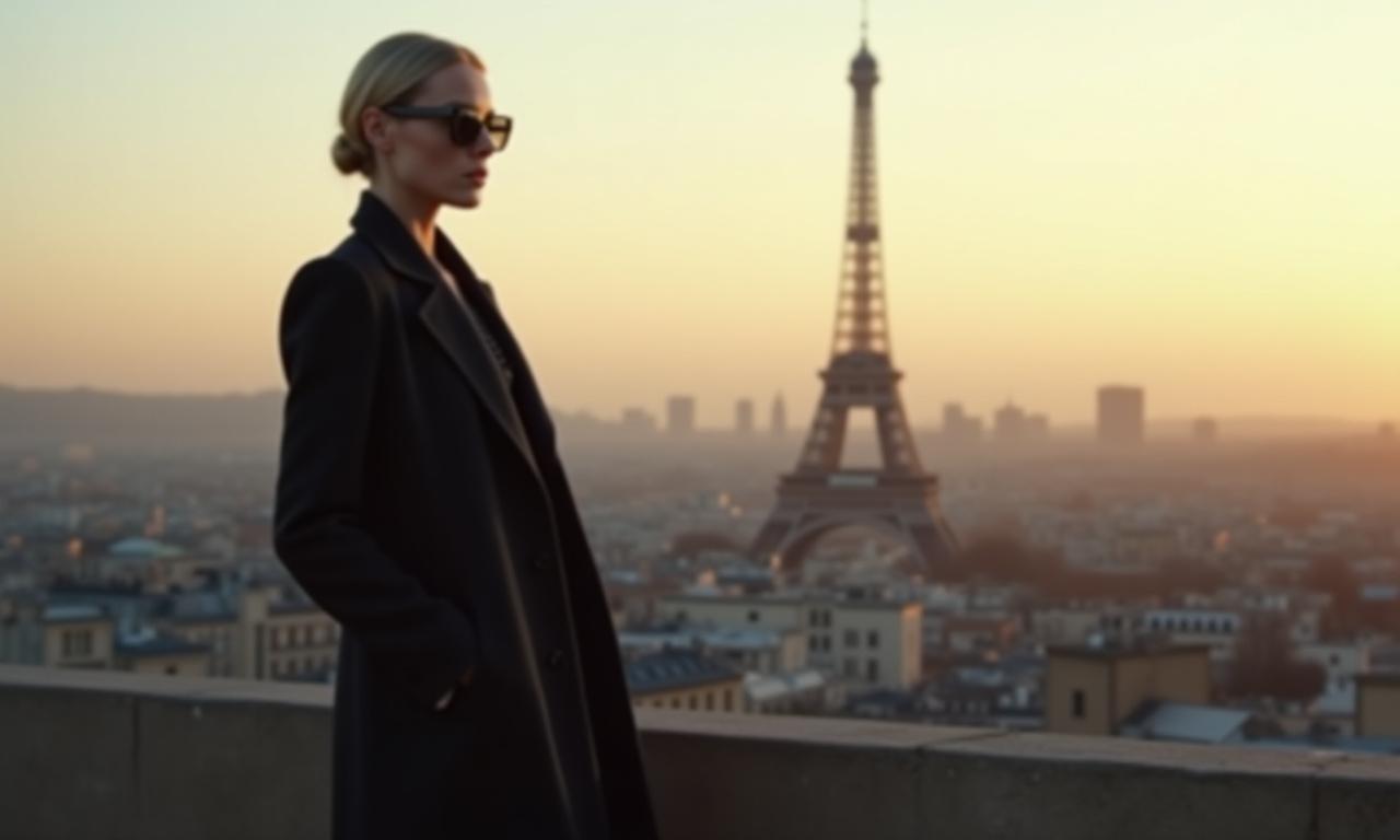 Modèle présentant une pièce de la collection Automne/Hiver 2024 de Racine Couture dans un décor parisien hivernal