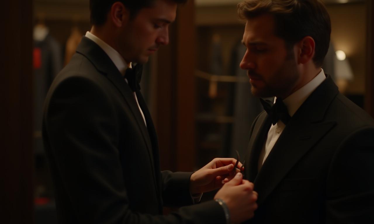 Un client se faisant prendre les mesures par un tailleur artisanal chez Racine Couture, ambiance élégante et lumière douce.